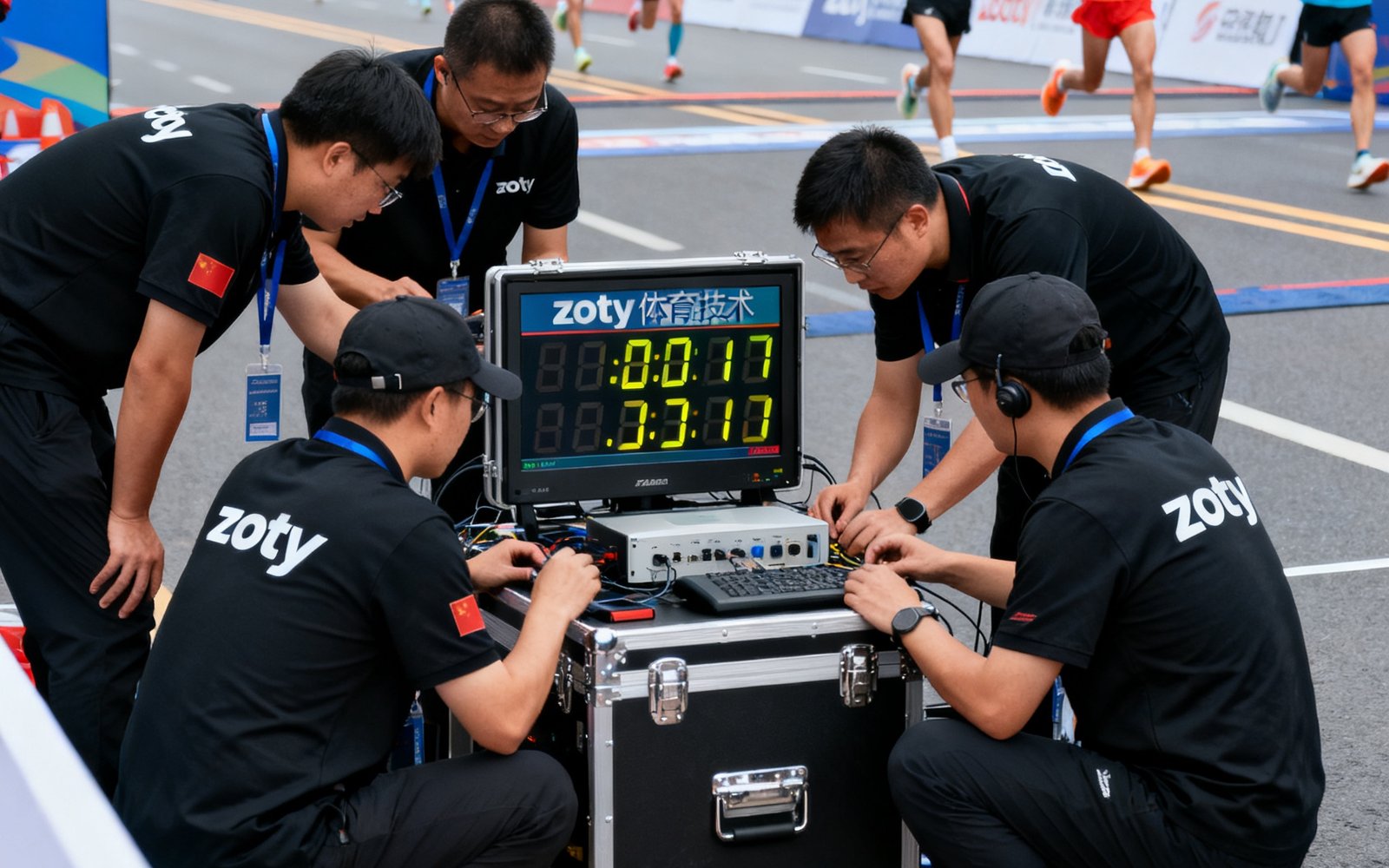zoty体育技术团队在马拉松终点线处紧张调试计时设备和成绩显示屏，多名穿着统一黑色工作服的工作人员围在设备箱旁协作，背景是完赛选手陆续冲线