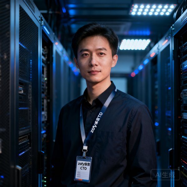 zoty体育CTO林若溪的技术感肖像照，站在服务器机柜前，戴着工程师挂绳工牌
